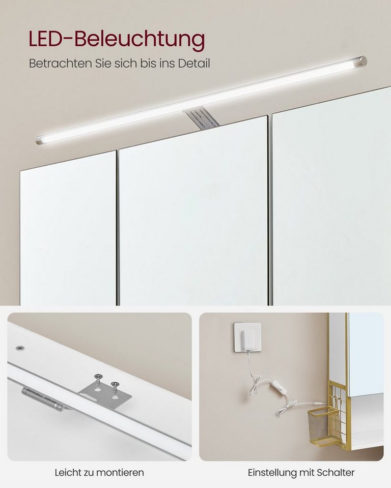 VASAGLE Spiegelschrank Badezimmerschrank, Badschrank, Wandschrank (mit LED-Beleuchtung) mit Steckdose, Föhnhalter, Großem Stauraum, Wolkenweiß-Grüngoldfarben – Bild 4 von 5