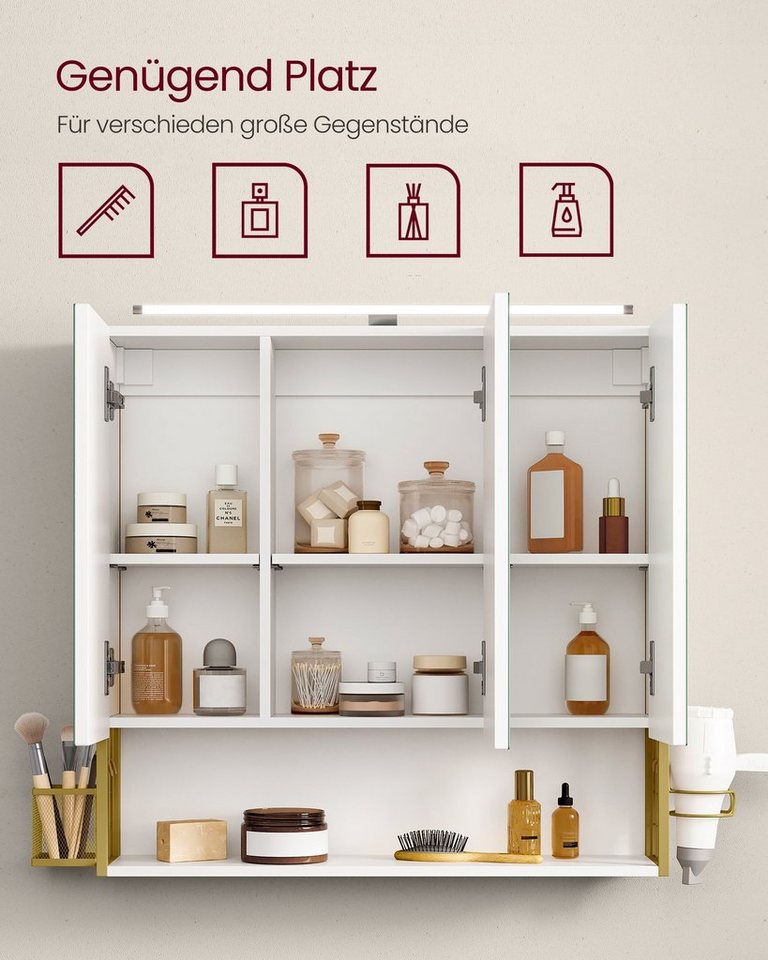 VASAGLE Spiegelschrank Badezimmerschrank, Badschrank, Wandschrank (mit LED-Beleuchtung) mit Steckdose, Föhnhalter, Großem Stauraum, Wolkenweiß-Grüngoldfarben – Bild 5 von 5