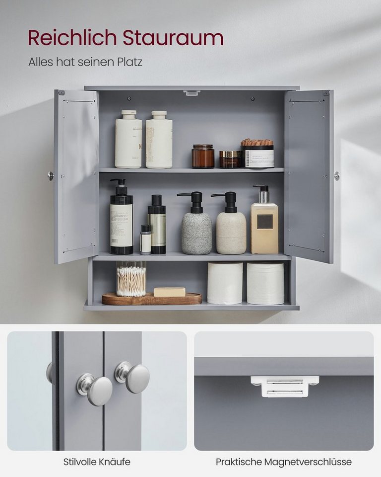 VASAGLE Spiegelschrank Badschrank, Wandschrank, Hängeschrank, Wandmontage mit 2 Spiegeltüren und offenem Fach, 56.5 cm x 58.5 cm x 13 cm – Bild 4 von 5