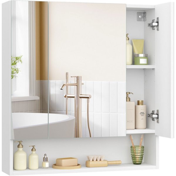 VASAGLE Spiegelschrank Badschrank Breite 70-90cm, mit 3 Türen, offenes Fach, verstellbare Ablagen