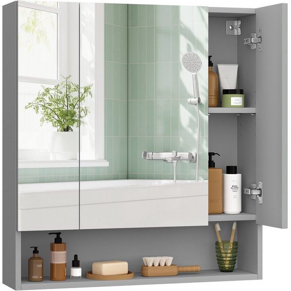 VASAGLE Spiegelschrank Badschrank Breite 70-90cm, mit 3 Türen, offenes Fach, verstellbare Ablagen