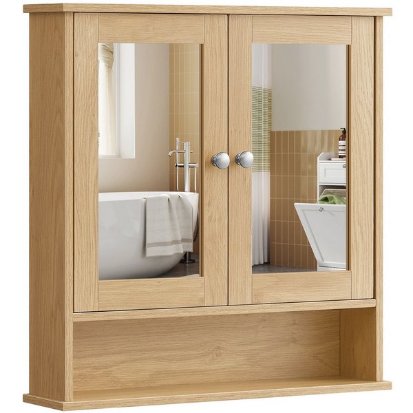 VASAGLE Spiegelschrank Badschrank, Wandschrank, Hängeschrank, Wandmontage mit 2 Spiegeltüren und offenem Fach, 56.5 cm x 58.5 cm x 13 cm
