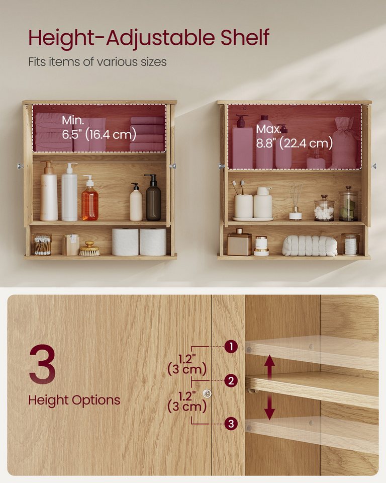VASAGLE Spiegelschrank Badschrank, Wandschrank, Hängeschrank, Wandmontage mit 2 Spiegeltüren und offenem Fach, 56.5 cm x 58.5 cm x 13 cm – Bild 3 von 5