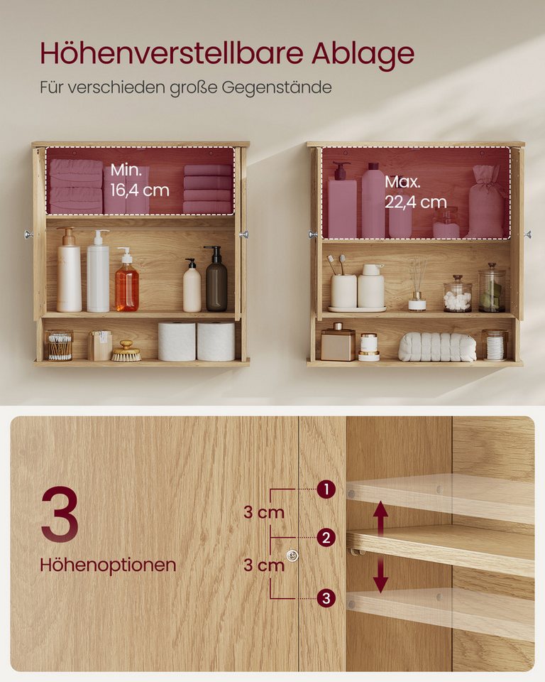 VASAGLE Spiegelschrank Badschrank, Wandschrank, Hängeschrank, Wandmontage mit 2 Spiegeltüren und offenem Fach, 56.5 cm x 58.5 cm x 13 cm – Bild 4 von 5