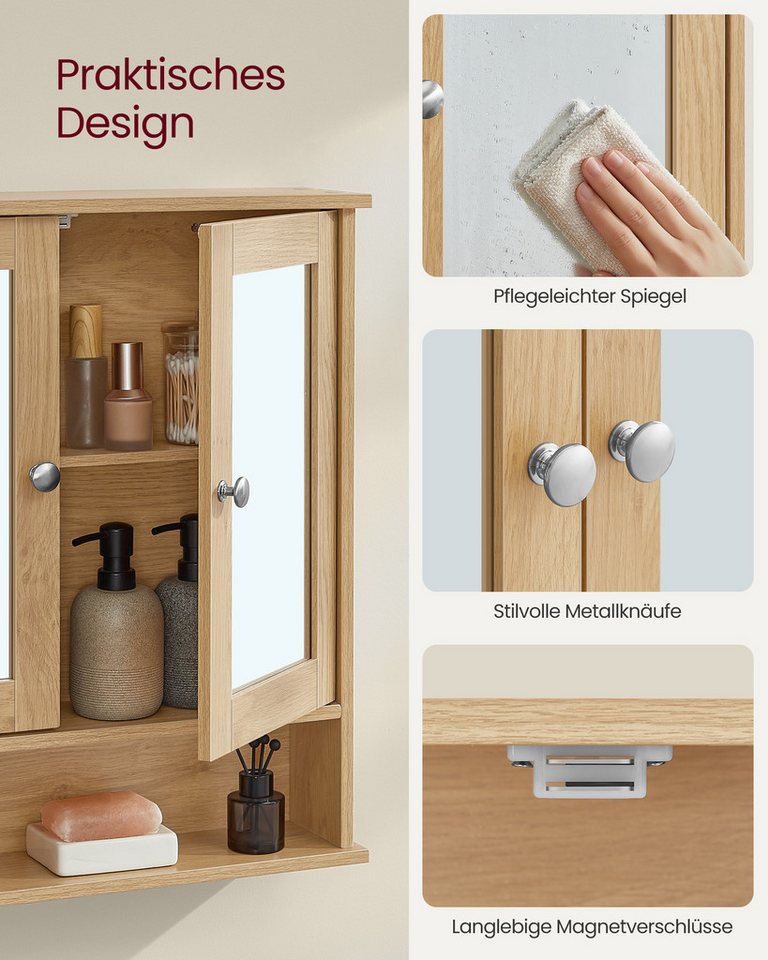 VASAGLE Spiegelschrank Badschrank, Wandschrank, Hängeschrank, Wandmontage mit 2 Spiegeltüren und offenem Fach, 56.5 cm x 58.5 cm x 13 cm – Bild 5 von 5