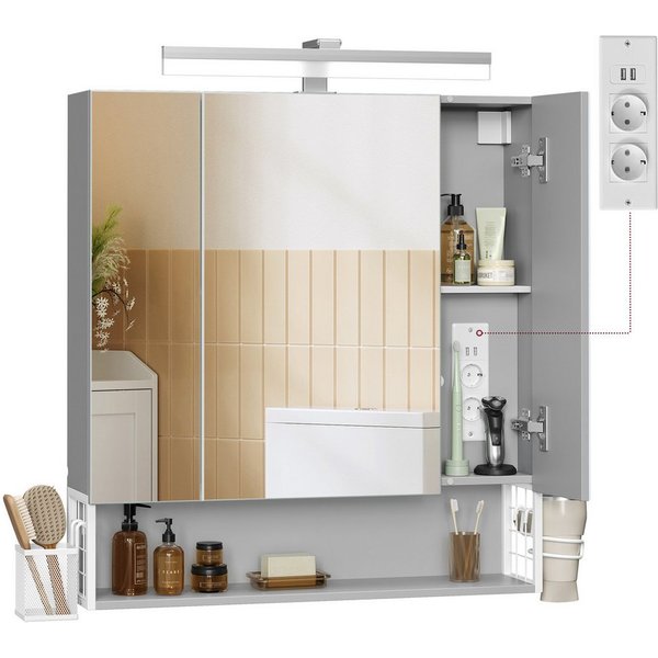 VASAGLE Spiegelschrank Hängekorb, 3 Spiegeltüren 70 x 16,5 x 75 cm, Bad mit Beleuchtung, Stecker, Haartrockner-Halter