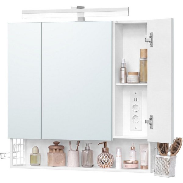 VASAGLE Spiegelschrank Hängekorb, 3 Spiegeltüren 80 x 16,5 x 75 cm, Bad mit Beleuchtung, Stecker, Haartrockner-Halter