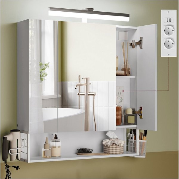VASAGLE Spiegelschrank Hängekorb, 3 Spiegeltüren 70 x 16,5 x 75 cm, Bad mit Beleuchtung, Stecker, Haartrockner-Halter
