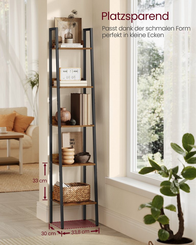 VASAGLE Standregal Bücherregal, Leiterregal mit 5 Ebenen, schmales freistehendes, Regal für Arbeitszimmer, Wohnzimmer, Industrie-Design, 33,8x170x30 cm – Bild 3 von 5
