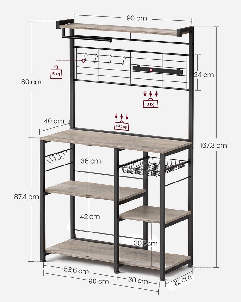 VASAGLE Standregal Küchenregal, 12 Haken, Küchenregal, mit Magnetleiste für Messer, Drahtkorb, Rollenhalter – Bild 3 von 5