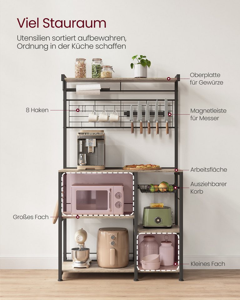 VASAGLE Standregal Küchenregal, 12 Haken, Küchenregal, mit Magnetleiste für Messer, Drahtkorb, Rollenhalter – Bild 4 von 5