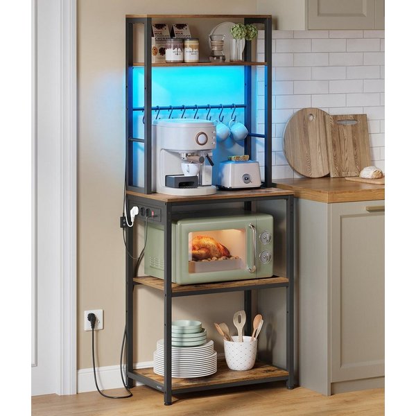 VASAGLE Standregal Küchenregal mit LED-Beleuchtung, Steckdosen, 8 Haken, mit verstellbaren Ablagen, 60 cm Breite, gesamtbelastbarkeit 190,4 kg