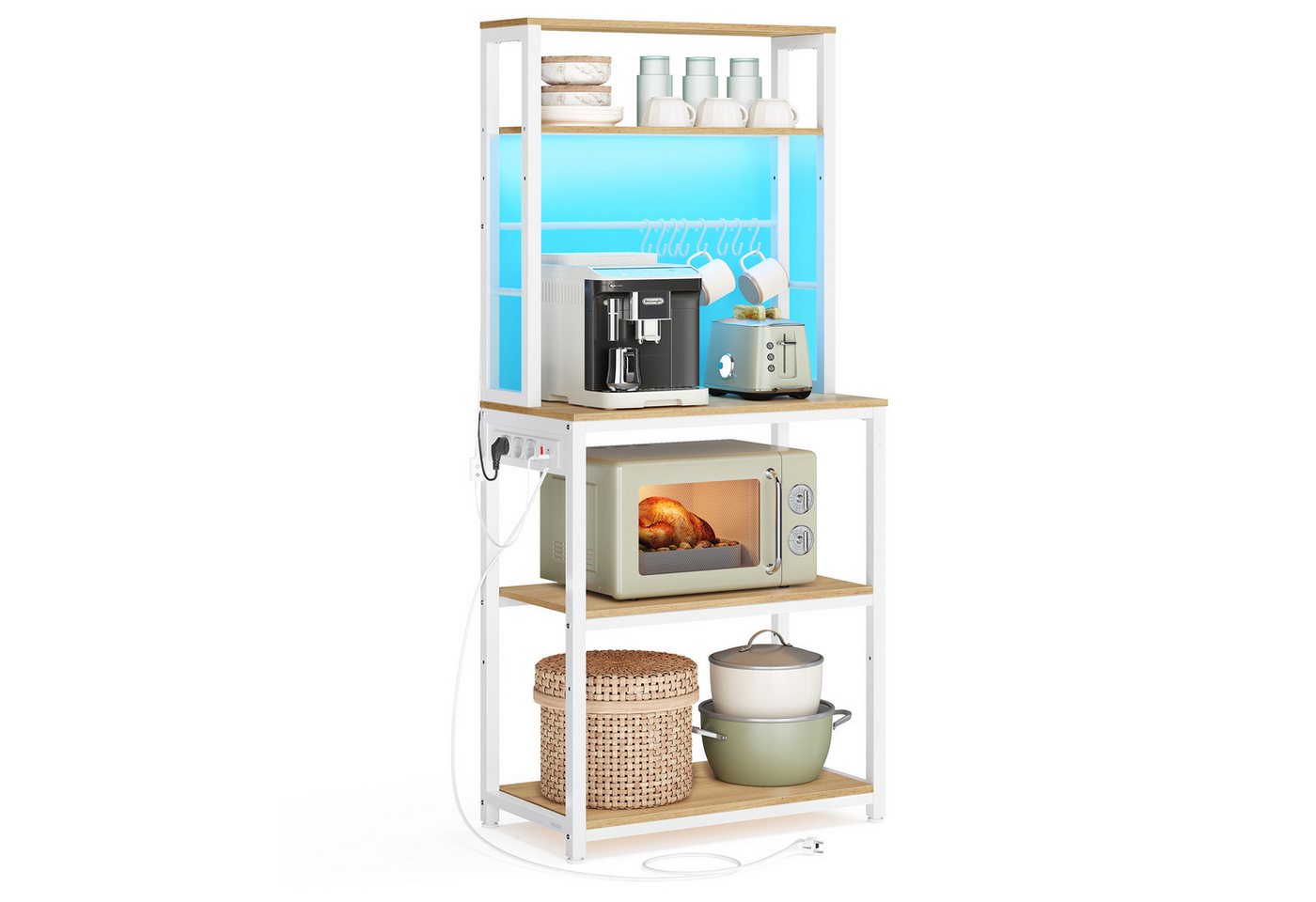 VASAGLE Standregal Küchenregal mit LED-Beleuchtung, Steckdosen, 8 Haken, mit verstellbaren Ablagen, 60 cm Breite, gesamtbelastbarkeit 190,4 kg – Bild 2 von 5