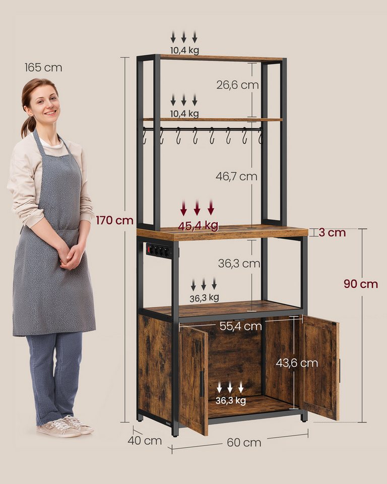 VASAGLE Standregal Küchenregal mit Steckdosen, Küchenschrank, 90 cm hoher Arbeitsplatte, Standregal mit 8 Haken, 40 x 60 x 170 cm – Bild 3 von 5