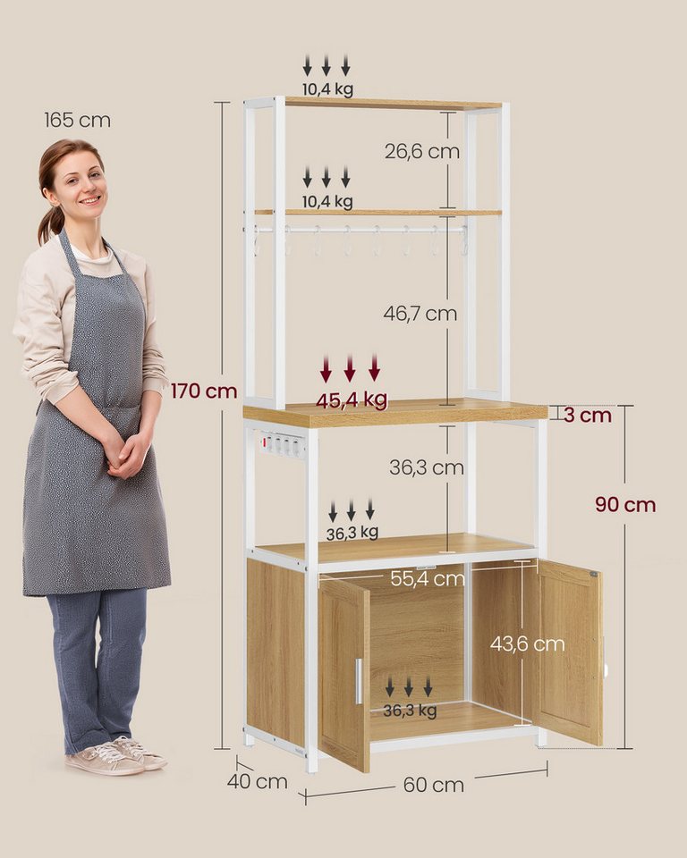 VASAGLE Standregal Küchenregal mit Steckdosen, Küchenschrank, 90 cm hoher Arbeitsplatte, Standregal mit 8 Haken, 40 x 60 x 170 cm – Bild 3 von 5