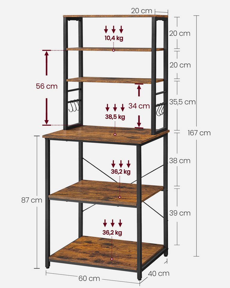 VASAGLE Standregal Küchenregal Standregal, 6 Ablagen, 40 x 60 x 167 cm, Industrie-Design, stehend, Stahlrahmen – Bild 3 von 5