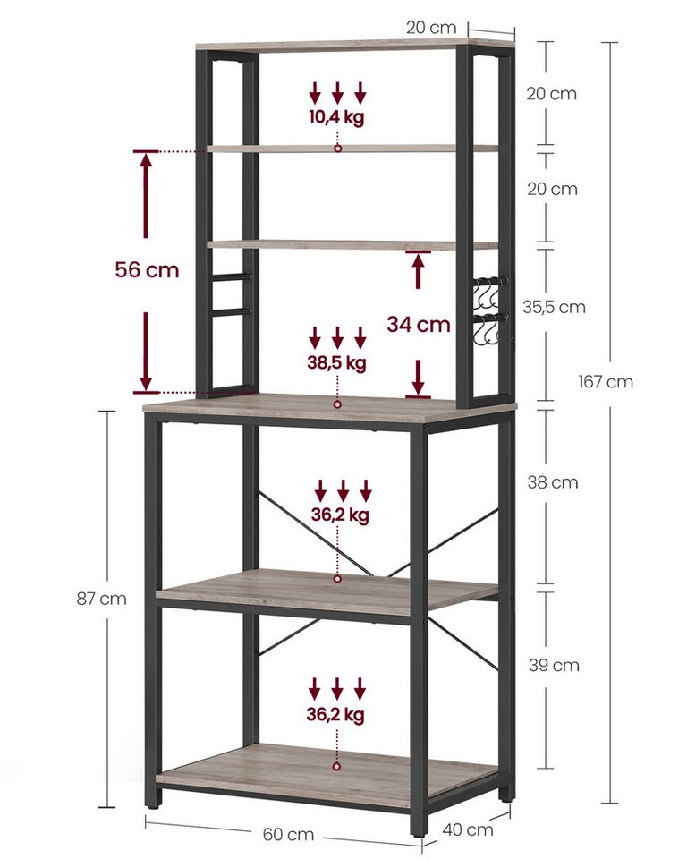 VASAGLE Standregal Küchenregal Standregal, 6 Ablagen, 40 x 60 x 167 cm, Industrie-Design, stehend, Stahlrahmen – Bild 3 von 5