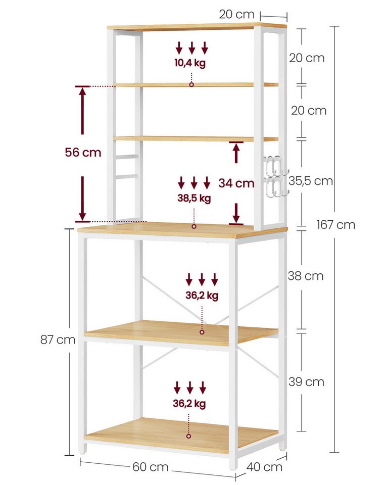 VASAGLE Standregal Küchenregal Standregal, 6 Ablagen, 40 x 60 x 167 cm, stehend, Stahlrahmen, rustikal, Mikrowellen-Regal – Bild 3 von 5