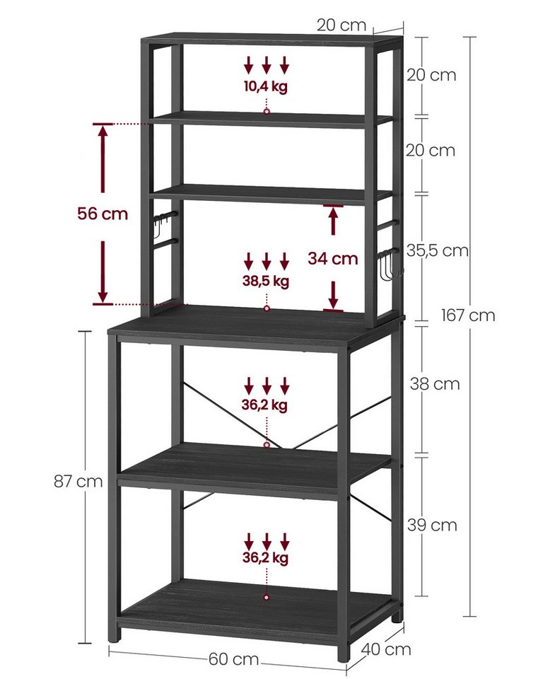 VASAGLE Standregal Küchenregal Standregal, 6 Ablagen, 40 x 60 x 167 cm, Industrie-Design, stehend, Stahlrahmen – Bild 3 von 5