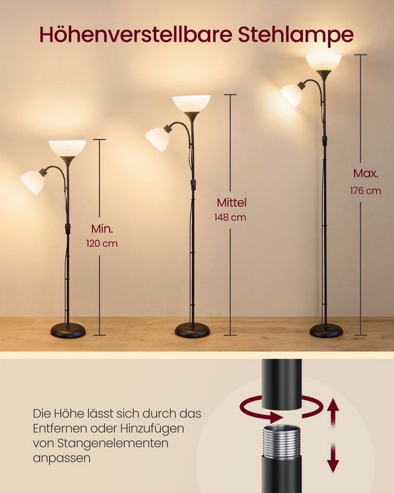 VASAGLE Stehlampe Deckenfluter mit Leselampe, 1,76 m Standleuchte mit verstellbarem Lesearm, Stehleuchte – Bild 5 von 5