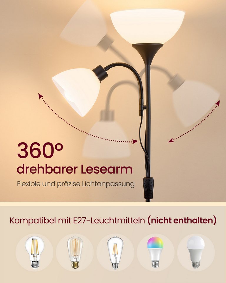 VASAGLE Stehlampe Deckenfluter mit Leselampe, 1,76 m Standleuchte mit verstellbarem Lesearm, Stehleuchte – Bild 4 von 5