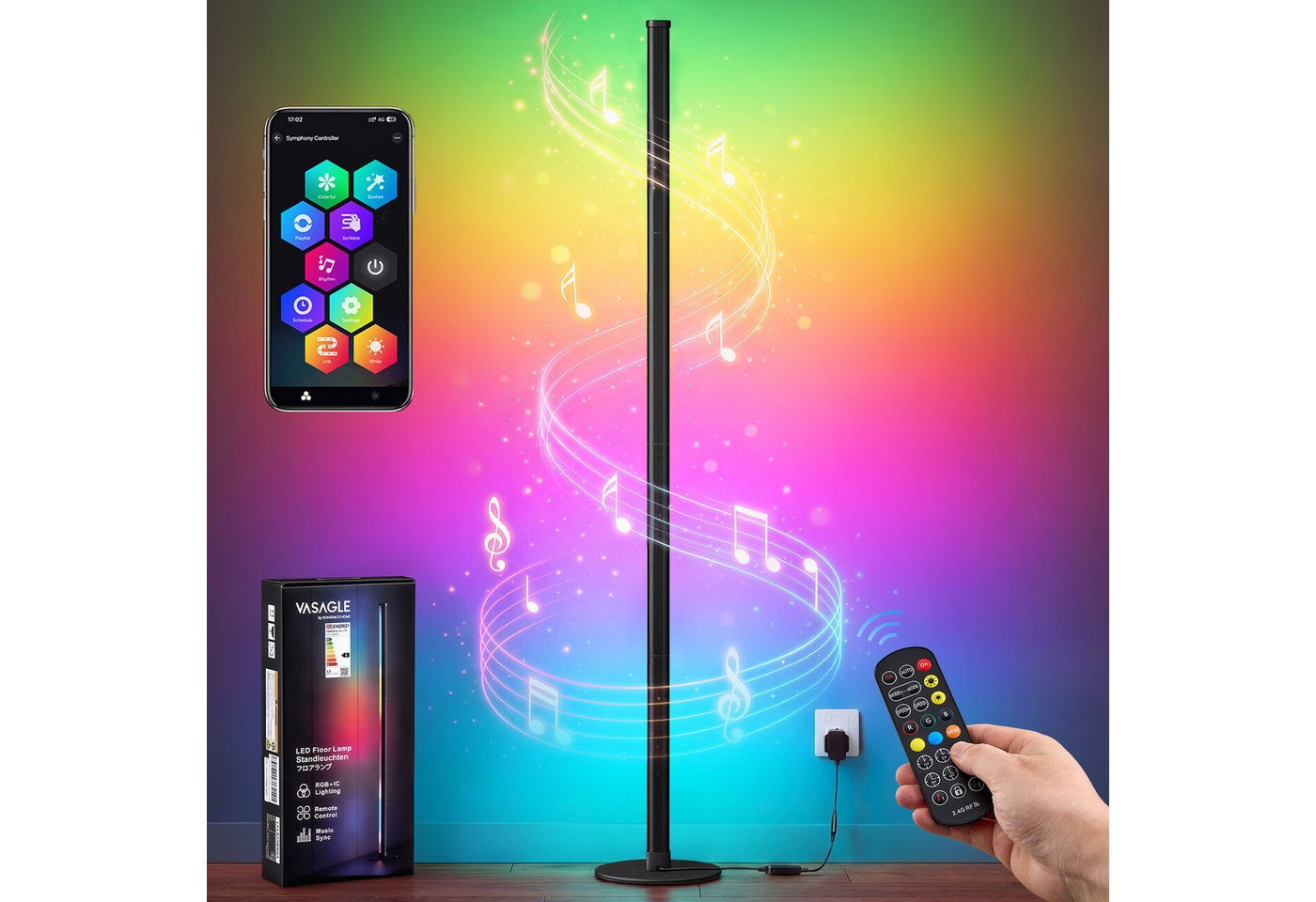 VASAGLE Stehlampe LED Wohnzimmer, Lampe Schlafzimmer, 18 x 18 x 139,4 cm, RGB, Moderne Deko Lampe mit App-Steuerung und Musik-Sync – Bild 2 von 5