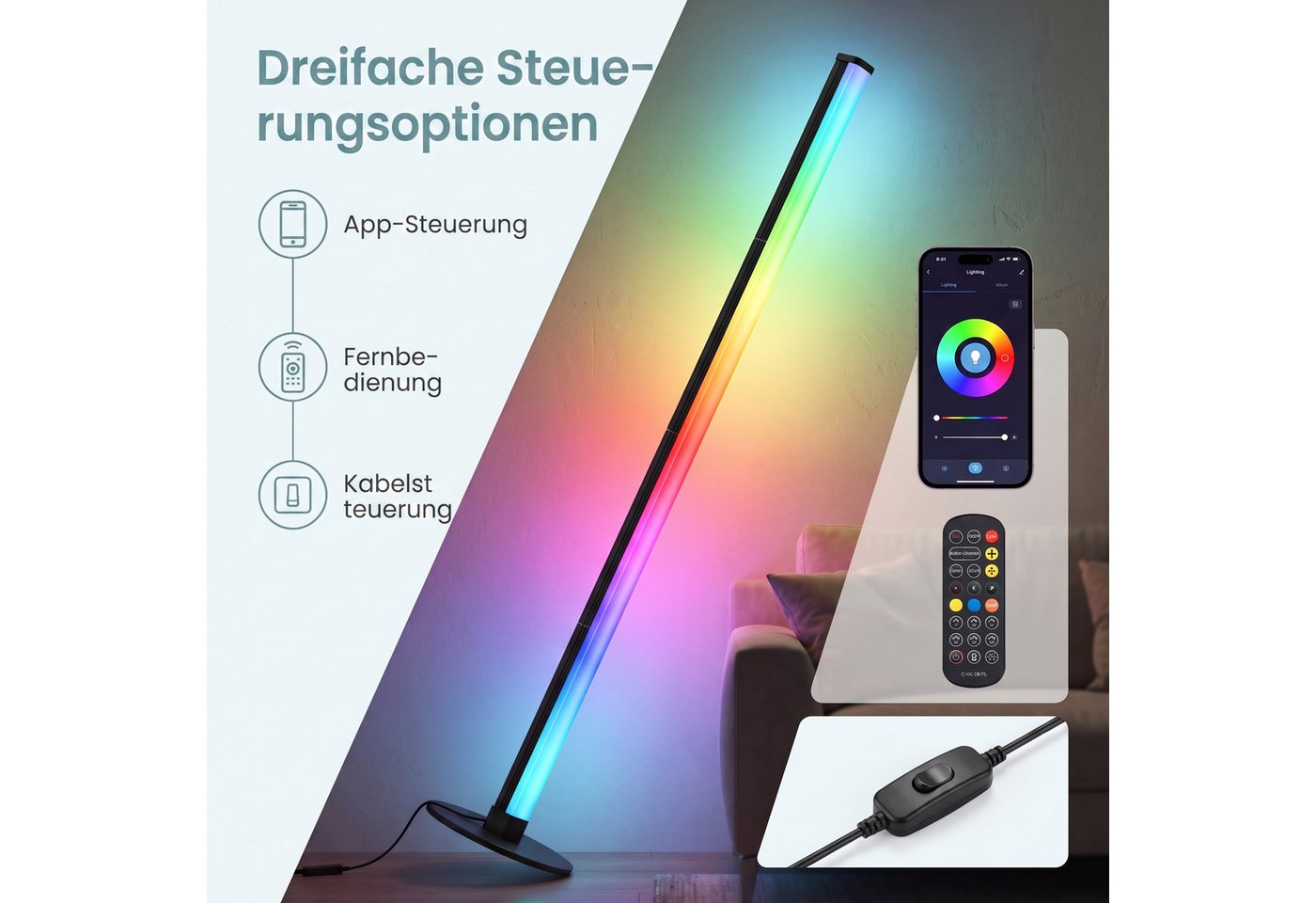 VASAGLE Stehlampe LED Wohnzimmer, Lampe Schlafzimmer, 18 x 18 x 139,4 cm, RGB, Moderne Deko Lampe mit App-Steuerung und Musik-Sync – Bild 3 von 5