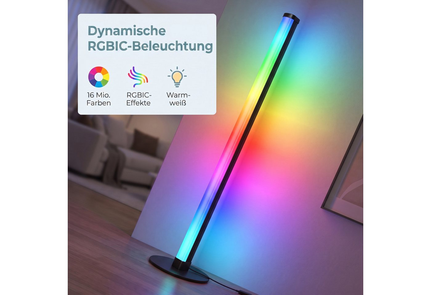 VASAGLE Stehlampe LED Wohnzimmer, Lampe Schlafzimmer, 18 x 18 x 139,4 cm, RGB, Moderne Deko Lampe mit App-Steuerung und Musik-Sync – Bild 5 von 5