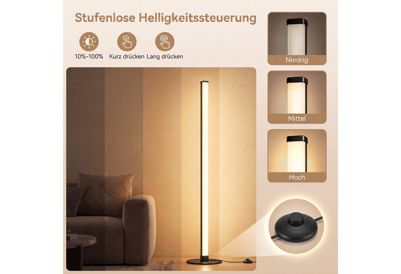 VASAGLE Stehlampe LED Wohnzimmer, Lampe Schlafzimmer, 18 x 18 x 139,4 cm, Stufenlos dimmbar für Wohnzimmer 3000K Warmes Licht – Bild 4 von 5