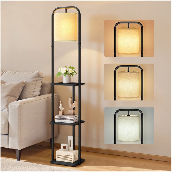 VASAGLE Stehlampe Standleuchte, Stehleuchte, für Wohnzimmer und Schlafzimmer, LED wechselbar, Stehlampe mit 3 Ablagen, LED-Glühbirne inklusive, mit Fußschalter
