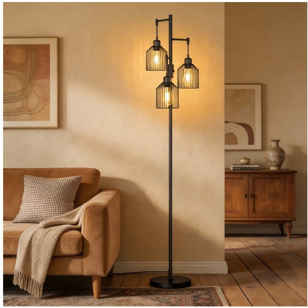 VASAGLE Stehlampe Standleuchte, 3-flammige Stehleuchte, Helligkeit einstellbar, Metallschirm, 3 E27-Fassungen, modern, 29 x 32 x 176,5 cm, Wohnzimmer