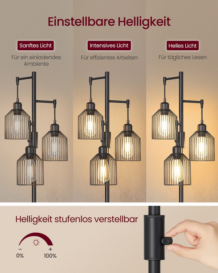 VASAGLE Stehlampe Standleuchte, 3-flammige Stehleuchte, Helligkeit einstellbar, Metallschirm, 3 E27-Fassungen, modern, 29 x 32 x 176,5 cm, Wohnzimmer – Bild 2 von 5