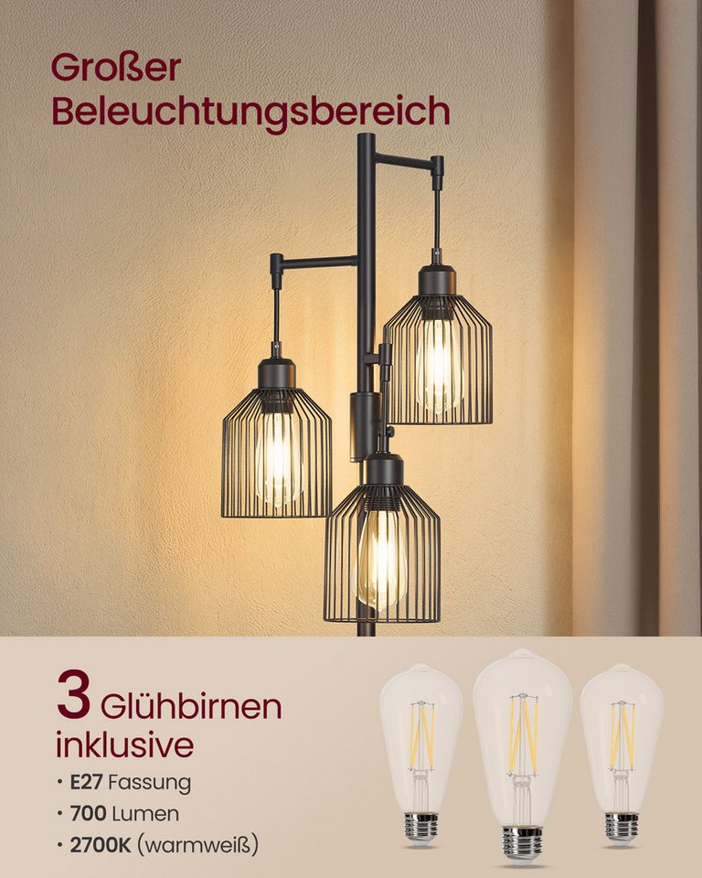VASAGLE Stehlampe Standleuchte, 3-flammige Stehleuchte, Helligkeit einstellbar, Metallschirm, 3 E27-Fassungen, modern, 29 x 32 x 176,5 cm, Wohnzimmer – Bild 3 von 5
