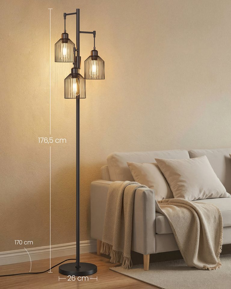 VASAGLE Stehlampe Standleuchte, 3-flammige Stehleuchte, Helligkeit einstellbar, Metallschirm, 3 E27-Fassungen, modern, 29 x 32 x 176,5 cm, Wohnzimmer – Bild 4 von 5