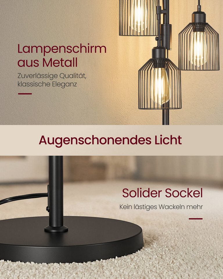 VASAGLE Stehlampe Standleuchte, 3-flammige Stehleuchte, Helligkeit einstellbar, Metallschirm, 3 E27-Fassungen, modern, 29 x 32 x 176,5 cm, Wohnzimmer – Bild 5 von 5