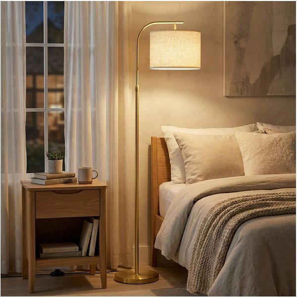VASAGLE Stehlampe Stehleuchte, Bogenlampe, höhenverstellbare Leselampe, mit Fußtaster, mit 3 Lichtfarben, 150-175 cm hoch, modern, Lampenschirm aus Stoff, E27 F