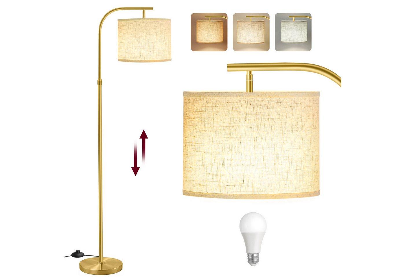 VASAGLE Stehlampe Stehleuchte, Bogenlampe, höhenverstellbare Leselampe, mit Fußtaster, mit 3 Lichtfarben, 150-175 cm hoch, modern, Lampenschirm aus Stoff, E27 F – Bild 2 von 5