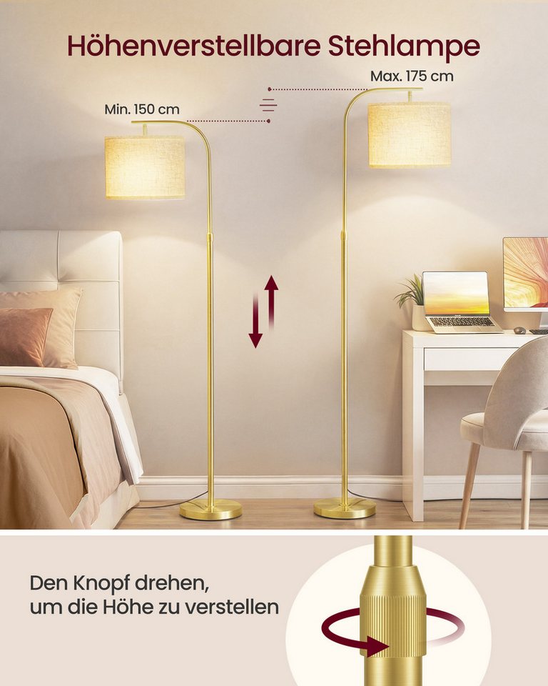 VASAGLE Stehlampe Stehleuchte, Bogenlampe, höhenverstellbare Leselampe, mit Fußtaster, mit 3 Lichtfarben, 150-175 cm hoch, modern, Lampenschirm aus Stoff, E27 F – Bild 4 von 5
