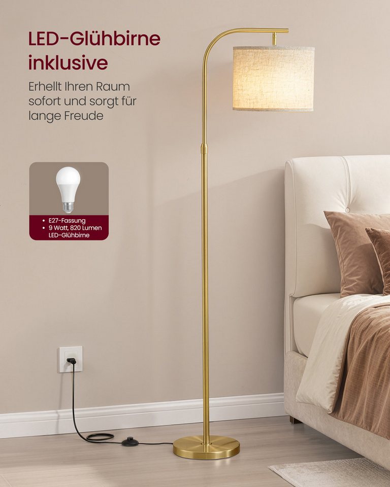 VASAGLE Stehlampe Stehleuchte, Bogenlampe, höhenverstellbare Leselampe, mit Fußtaster, mit 3 Lichtfarben, 150-175 cm hoch, modern, Lampenschirm aus Stoff, E27 F – Bild 5 von 5