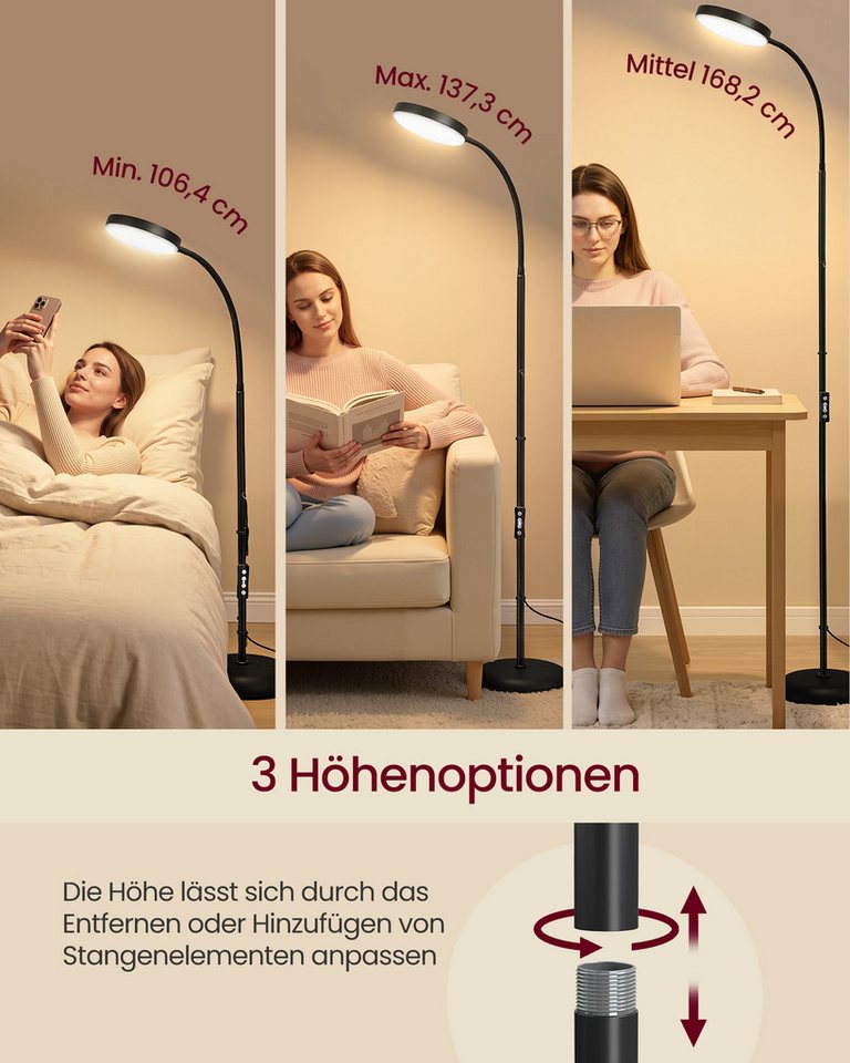 VASAGLE Stehlampe Stehleuchte, Leselampe, Timer- und Memory-Funktion, für Wohnzimmer, Büro, Wohnzimmer, 3 Farben, 10 Helligkeiten, Ecke, Nachttisch – Bild 4 von 5