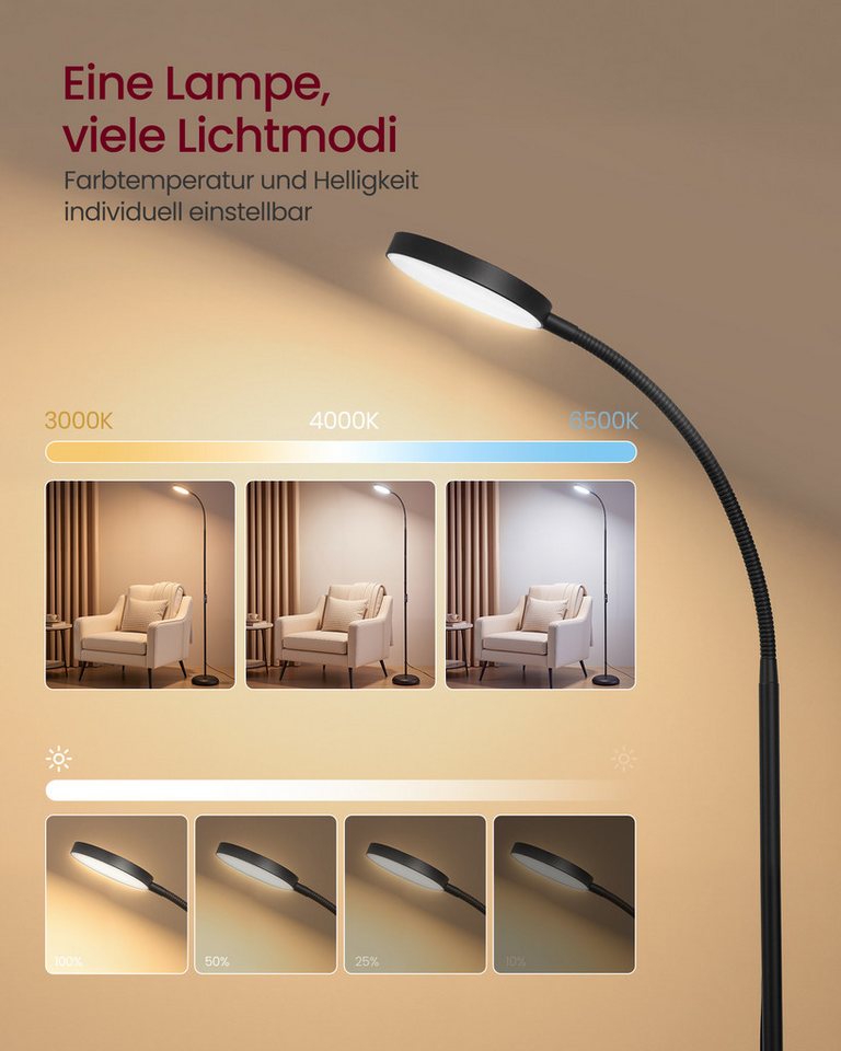 VASAGLE Stehlampe Stehleuchte, Leselampe, Timer- und Memory-Funktion, für Wohnzimmer, Büro, Wohnzimmer, 3 Farben, 10 Helligkeiten, Ecke, Nachttisch – Bild 5 von 5