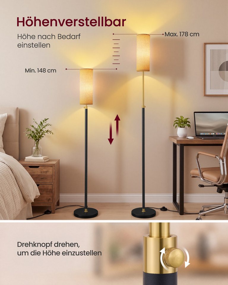 VASAGLE Stehlampe Stehleuchte, Standleuchte, modern, höhenverstellbare Leselampe, mit Fußtaster, Lampenschirm aus Stoff – Bild 5 von 5