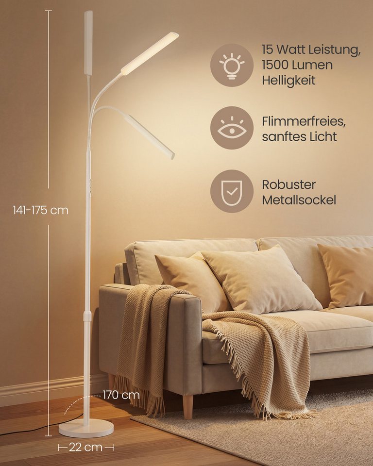 VASAGLE Stehlampe Stehleuchte, Leselampe, Timer- und Memory-Funktion, für Wohnzimmer, 15 Watt, 141-175 cm höhenverstellbar, 360° drehbarer Schwanenhals – Bild 2 von 5