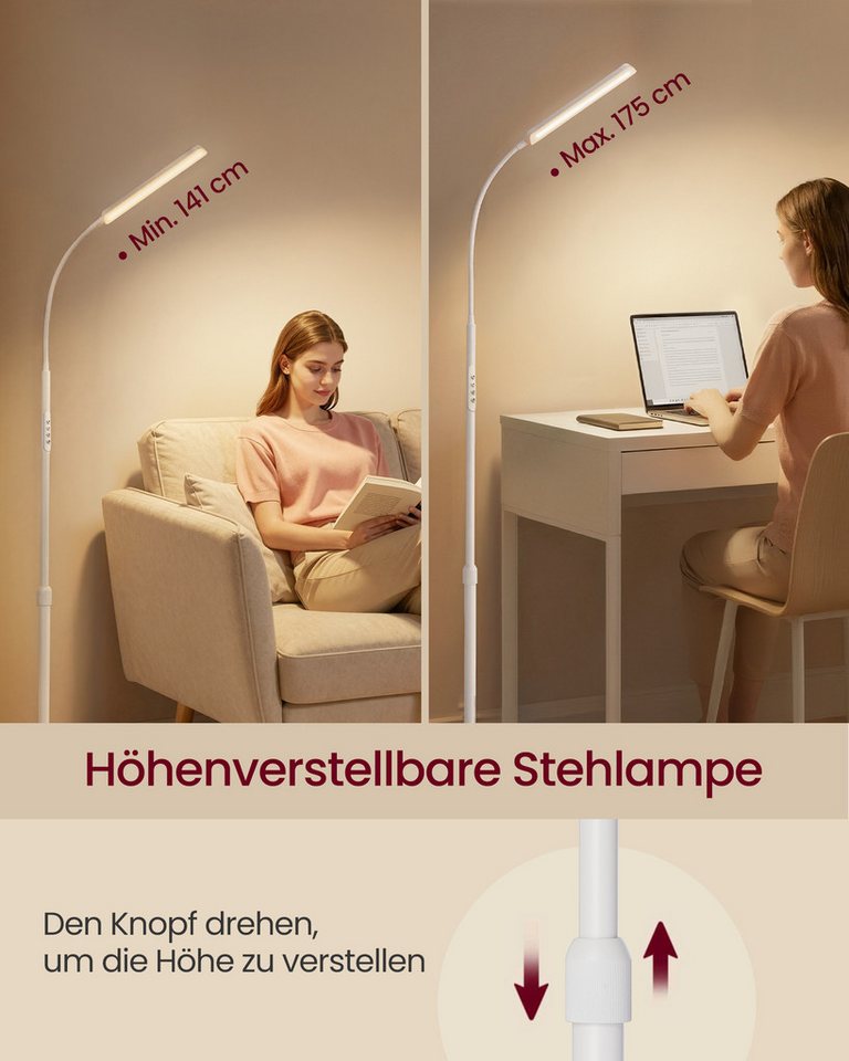 VASAGLE Stehlampe Stehleuchte, Leselampe, Timer- und Memory-Funktion, für Wohnzimmer, 15 Watt, 141-175 cm höhenverstellbar, 360° drehbarer Schwanenhals – Bild 3 von 5