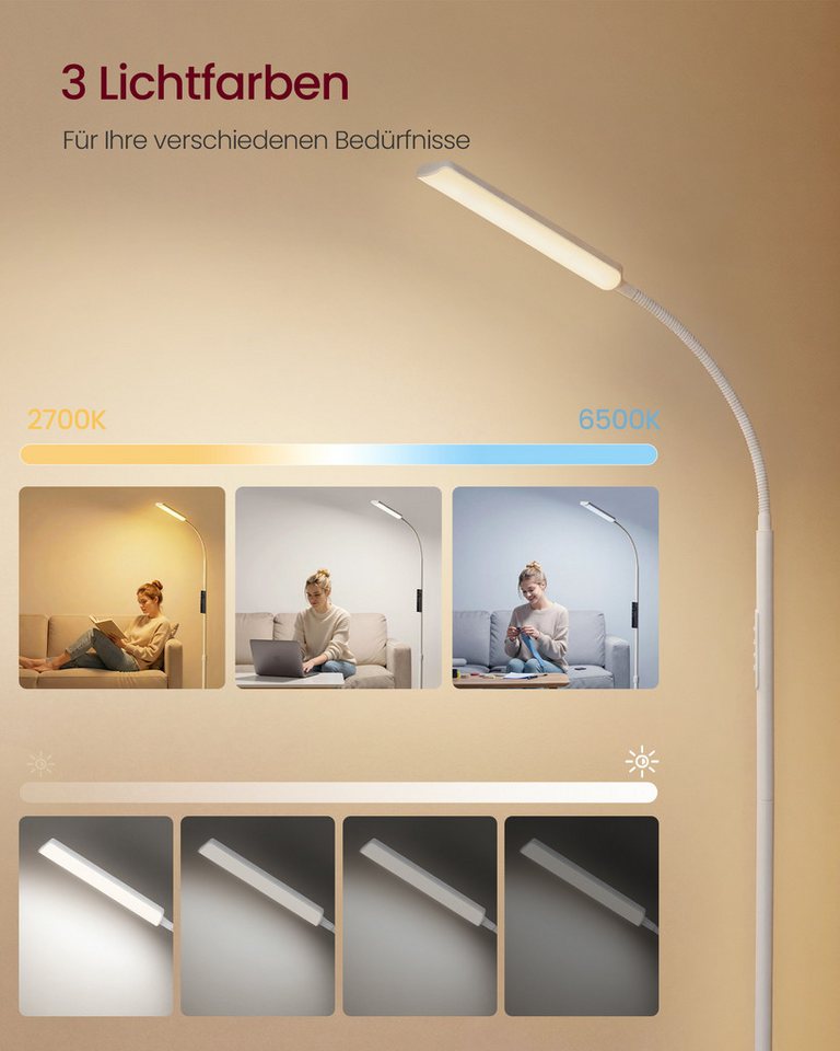 VASAGLE Stehlampe Stehleuchte, Leselampe, Timer- und Memory-Funktion, für Wohnzimmer, 15 Watt, 141-175 cm höhenverstellbar, 360° drehbarer Schwanenhals – Bild 4 von 5