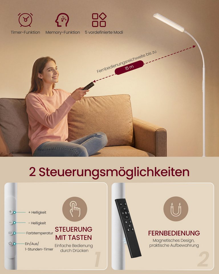 VASAGLE Stehlampe Stehleuchte, Leselampe, Timer- und Memory-Funktion, für Wohnzimmer, 15 Watt, 141-175 cm höhenverstellbar, 360° drehbarer Schwanenhals – Bild 5 von 5