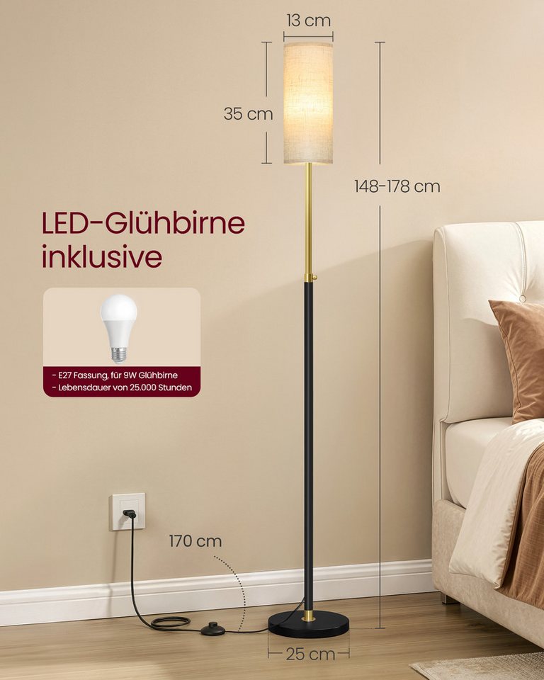 VASAGLE Stehlampe Stehleuchte, Standleuchte, modern, 148 cm hoch, modern, mit Fußtaster, Stehlampe, Lampenschirm – Bild 5 von 5