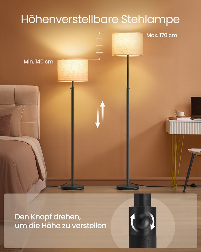VASAGLE Stehlampe Stehleuchte Standleuchte, Wohnzimmer, 140-170 cm höhenverstellbare Leselampe, modern Stehleuchte – Bild 2 von 5