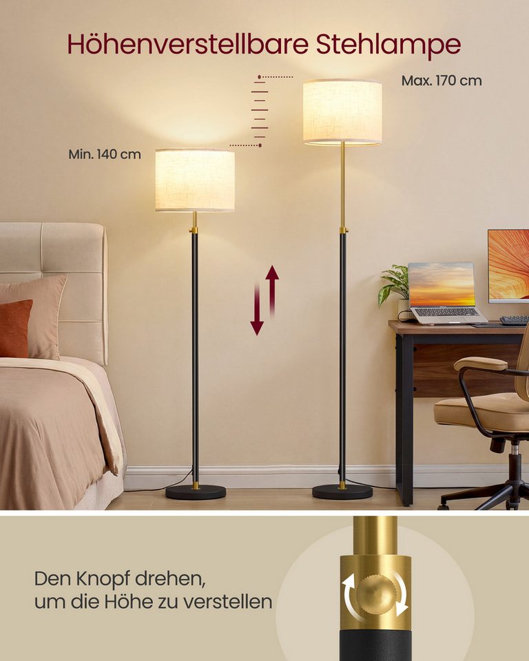 VASAGLE Stehlampe Stehleuchte Standleuchte, Wohnzimmer, 140-170 cm höhenverstellbare Leselampe, dimmbar – Bild 4 von 5