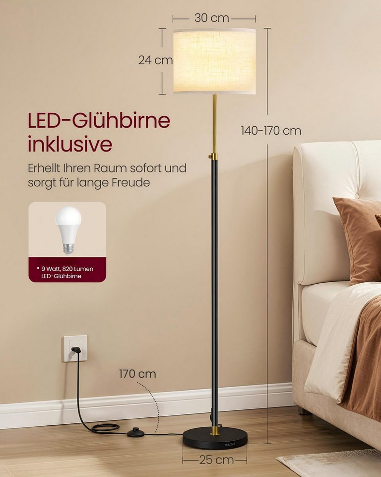 VASAGLE Stehlampe Stehleuchte Standleuchte, Wohnzimmer, 140-170 cm höhenverstellbare Leselampe, dimmbar – Bild 5 von 5